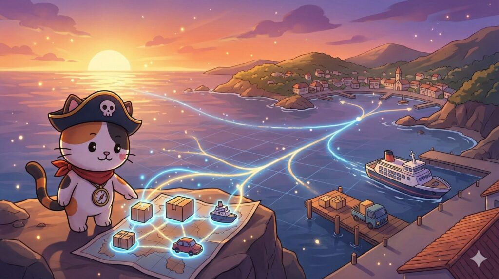 朝焼けの離島の海を見下ろしながら、荷物の運び方を組み合わせる作戦を地図上で整理しているココロ船長
