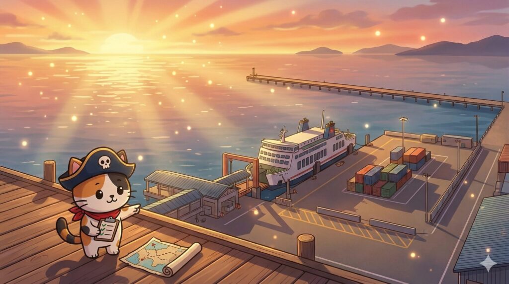 離島の港で航路図とチェックリストを見比べて引越し計画を立てているココロ船長
