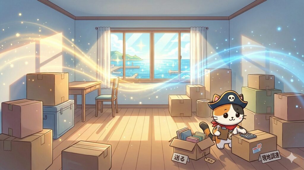 引越し前の部屋で荷物を「送る・買う」に仕分けしながら電卓で計算しているココロ船長
