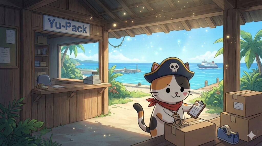 海が見える島の郵便局前で、段ボールを梱包してゆうパック発送の準備をしているココロ船長
