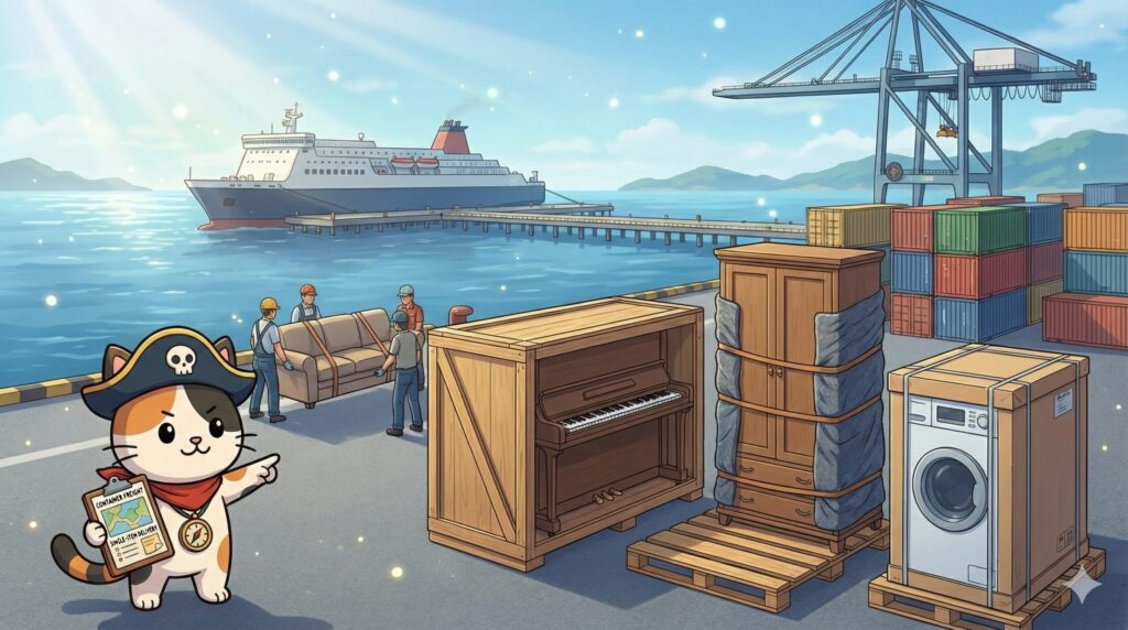 港のコンテナヤードで大型家具の運び方を確認しているココロ船長
