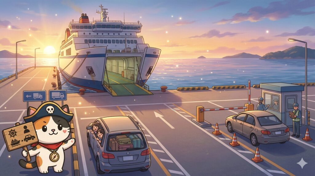 フェリー港で同乗と無人航送の違いを案内しているココロ船長
