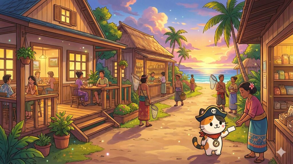 島の相談スポットで地元の人に挨拶しながら情報を集めているココロ船長
