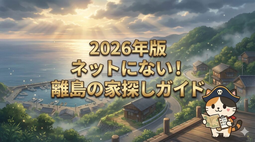 島の港と海岸線の広い風景の中で、地図とチェックリストを見ながら家探しをしているココロ船長