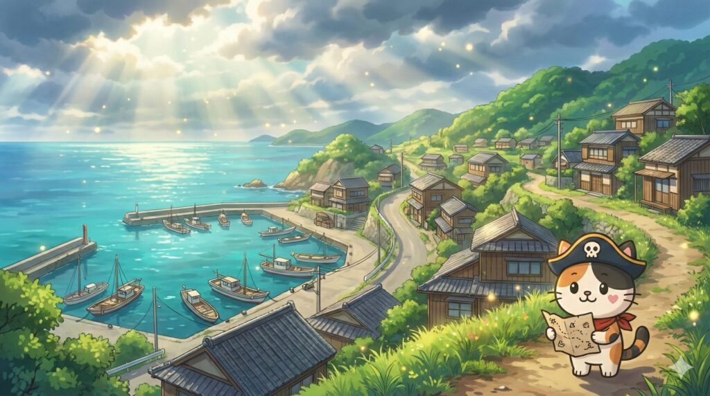 港町の風景の中で地図を見ながら家探しを始めるココロ船長
