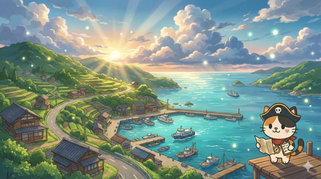 島の港で地図を見ながら、家探しのルートを考えているココロ船長
