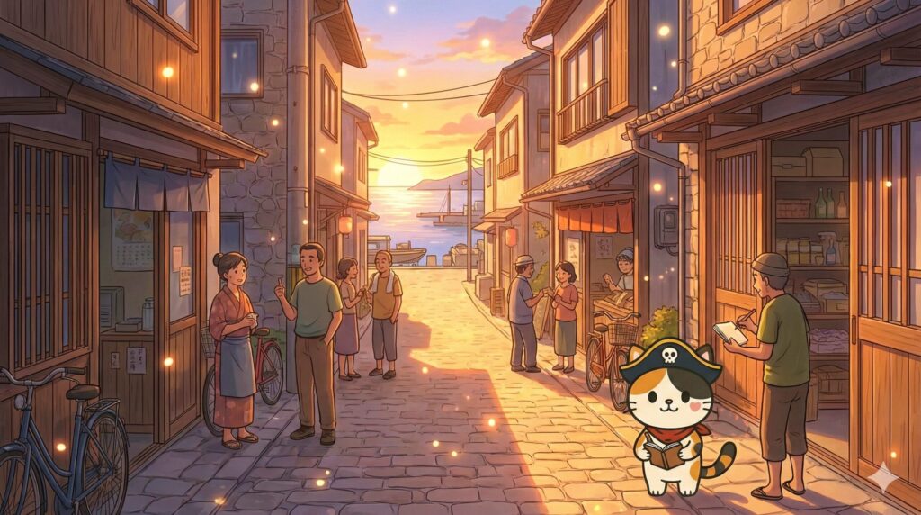 港近くで会話を聞きながら口コミ情報をメモしているココロ船長
