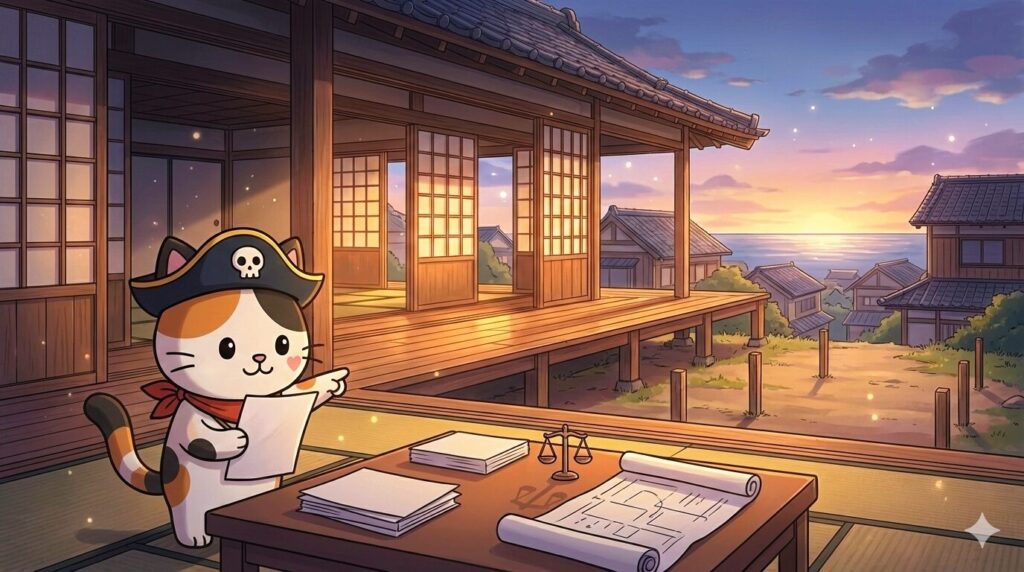 古民家の前で書類を確認しながら購入前のリスクを点検しているココロ船長
