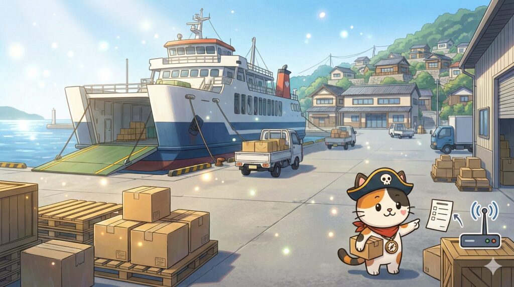 フェリー乗り場で荷物を運びながら引越し準備を進めているココロ船長
