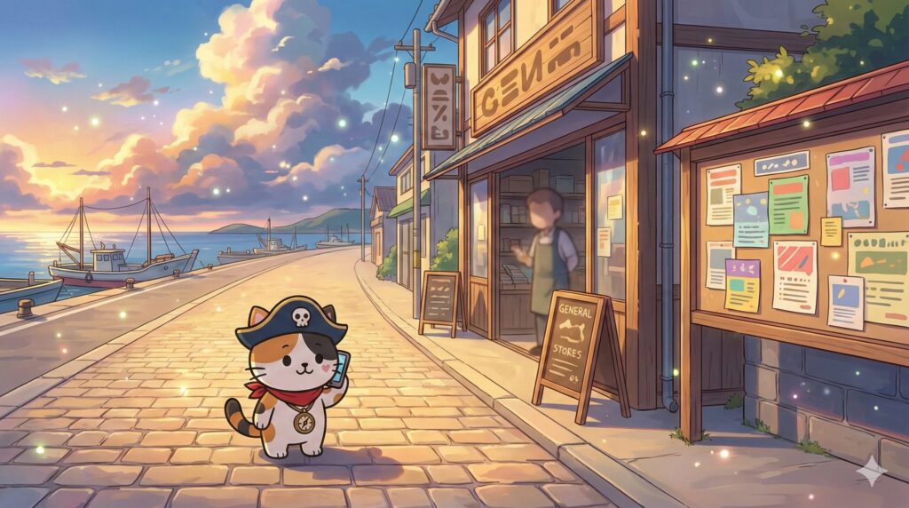 離島の通りで電話をしながら、地元のつながりで家探しを進めるココロ船長
