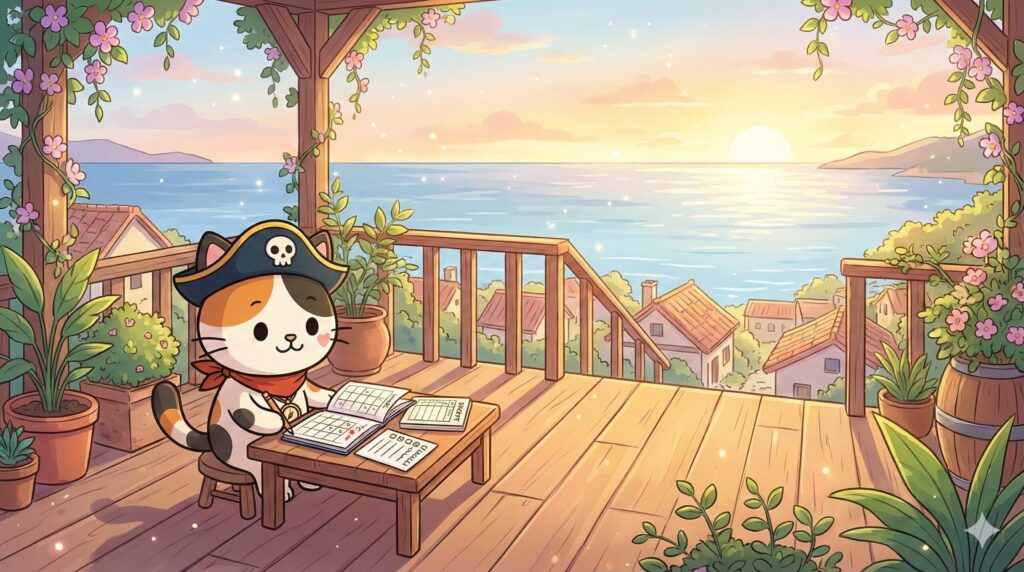 海を見下ろすテラスで、条件と予算のチェックリストを整理しているココロ船長
