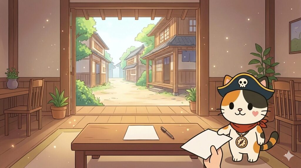 書面を差し出しながら口約束を避ける相談をしているココロ船長
