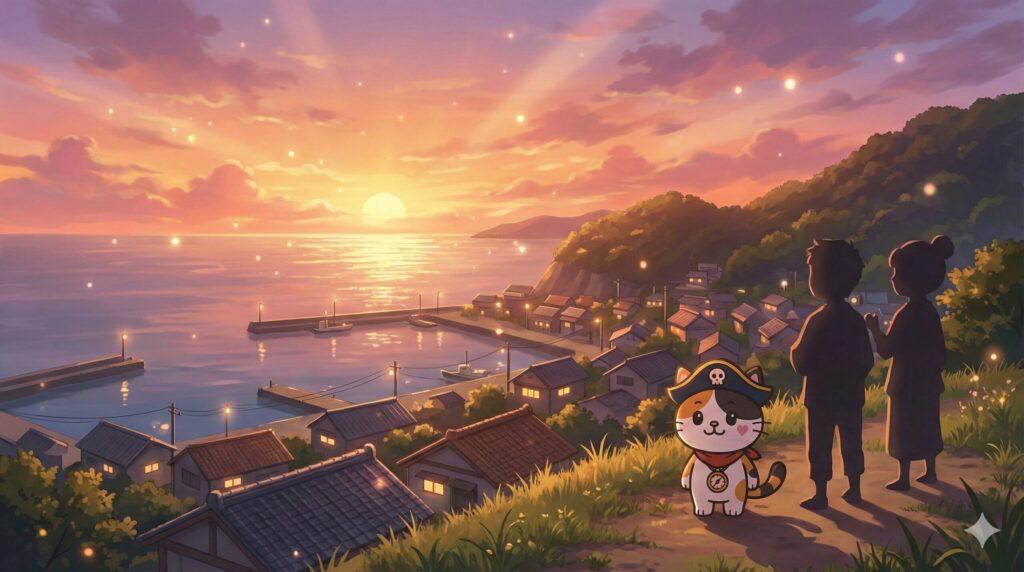 夕焼けの島を眺めながら仲間との縁を感じるココロ船長
