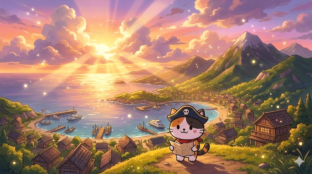 島の全景を見渡しながら前向きに家探しを続けるココロ船長
