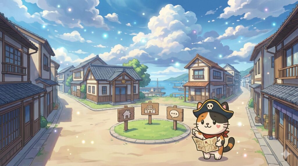 島の広場で3つの探し方ルートを見比べているココロ船長
