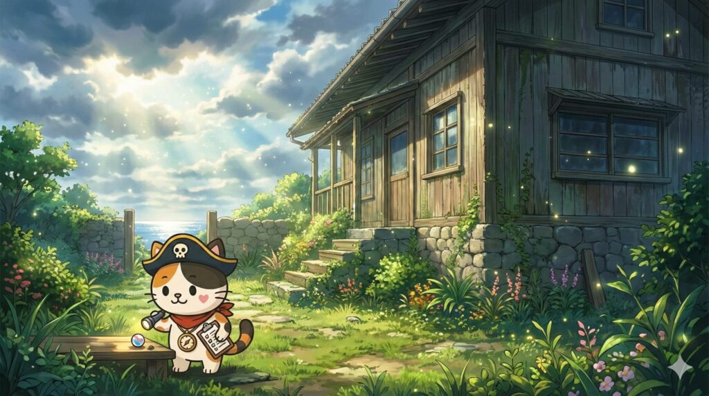 古い家の内見で懐中電灯とチェックリストを使って確認しているココロ船長
