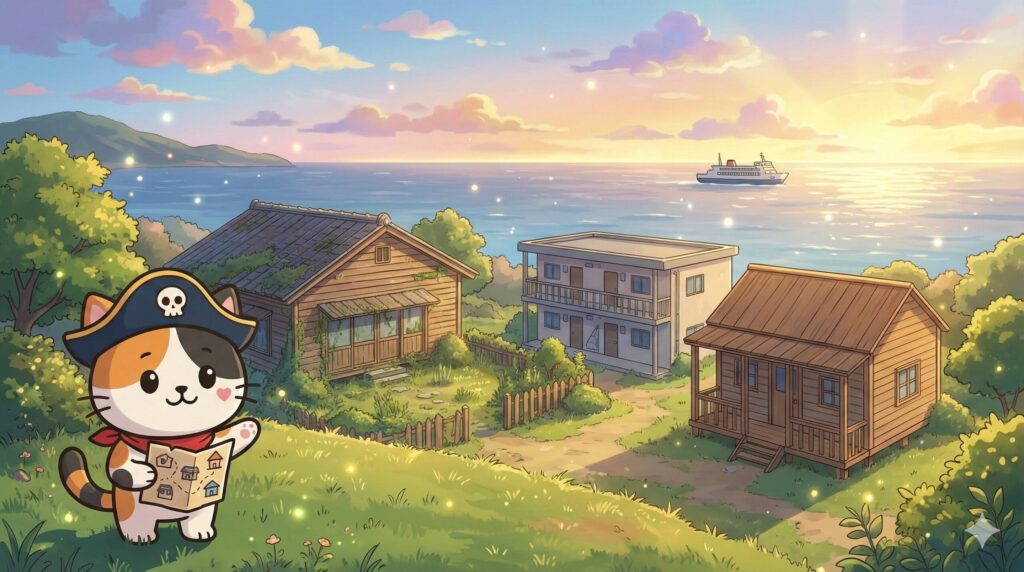 離島の集落を見渡しながら、住まいの選択肢を比べているココロ船長
