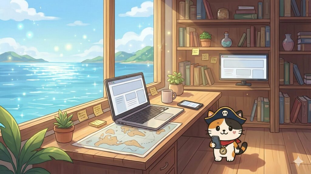 パソコンと電話を使って公営住宅を探しているココロ船長
