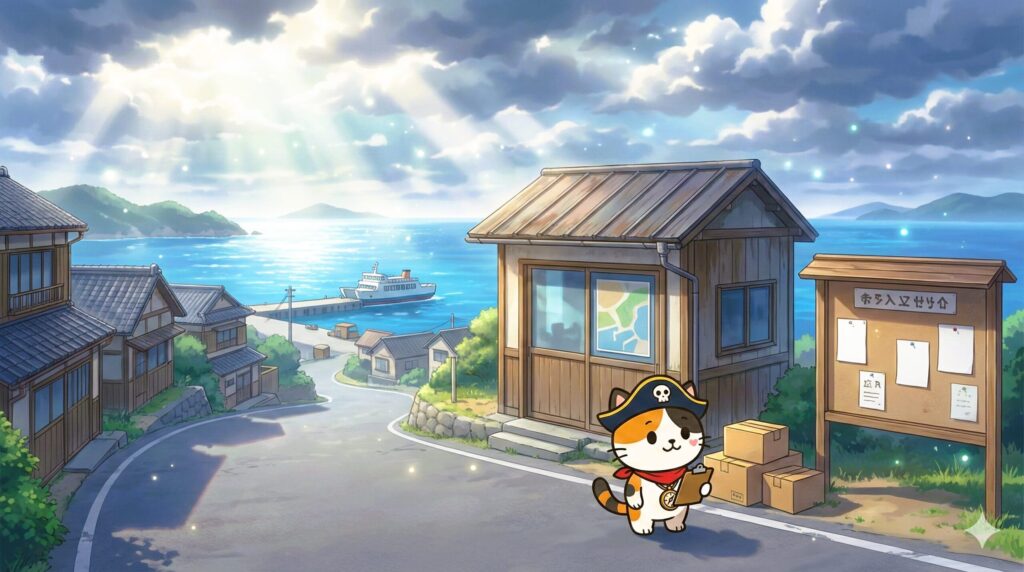 離島の港町の掲示板を確認しながら家探しをしているココロ船長の見出し画像。
