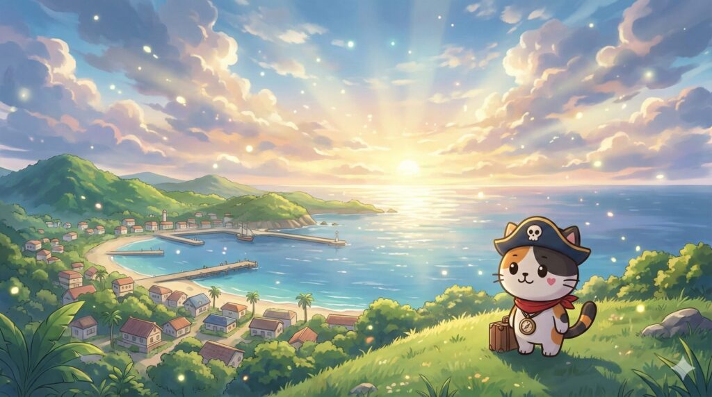 朝日の海と島の街並みを前に次の一歩を考えているココロ船長の見出し画像。
