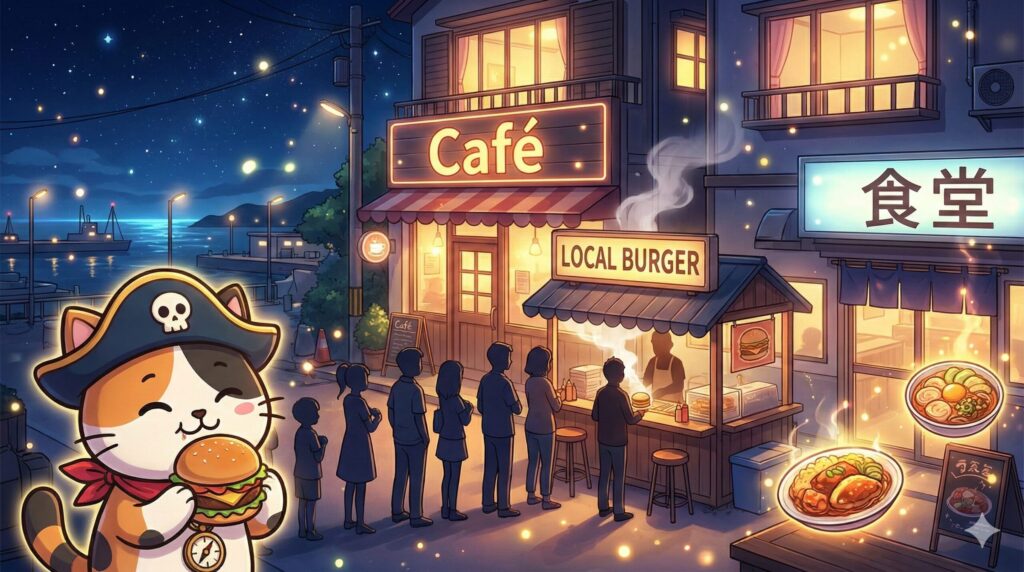 夜の食堂とココロ船長
