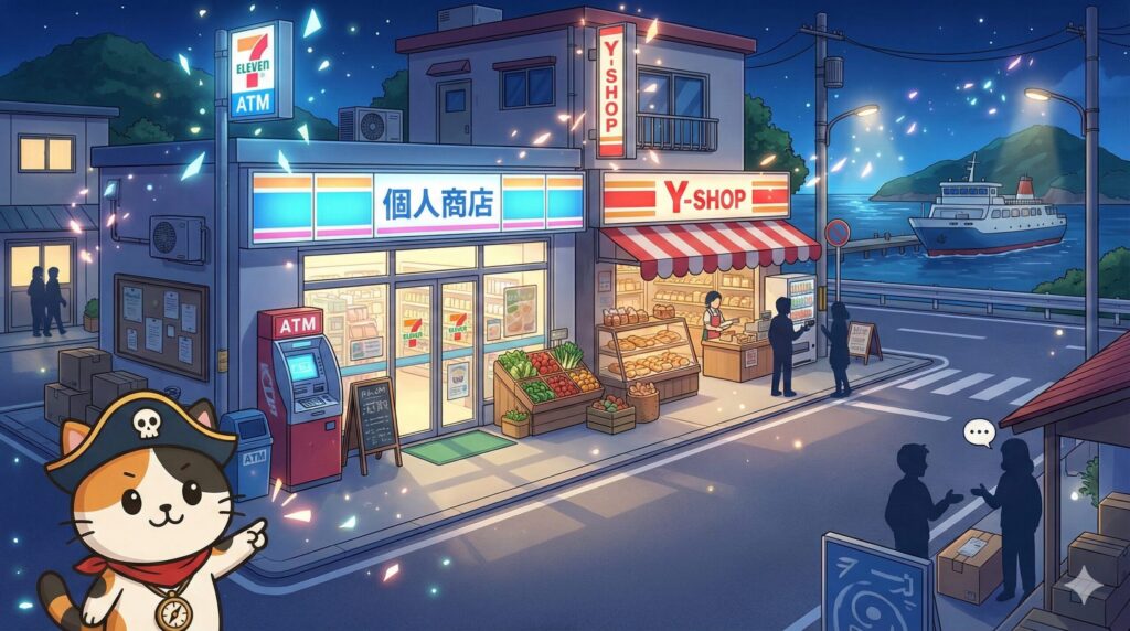 商店前で案内するココロ船長
