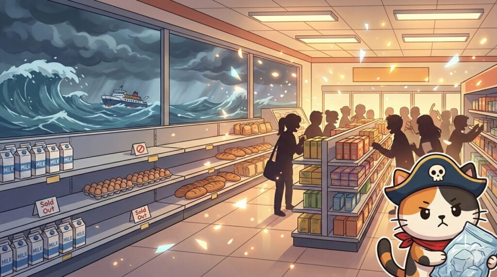 スーパーで備えるココロ船長
