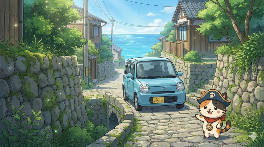 石垣のある細い路地で軽自動車の動きやすさを実感しているココロ船長
