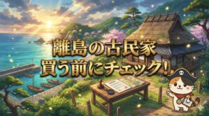 離島の港と古民家を背景に、契約書類と境界の確認をしているココロ船長