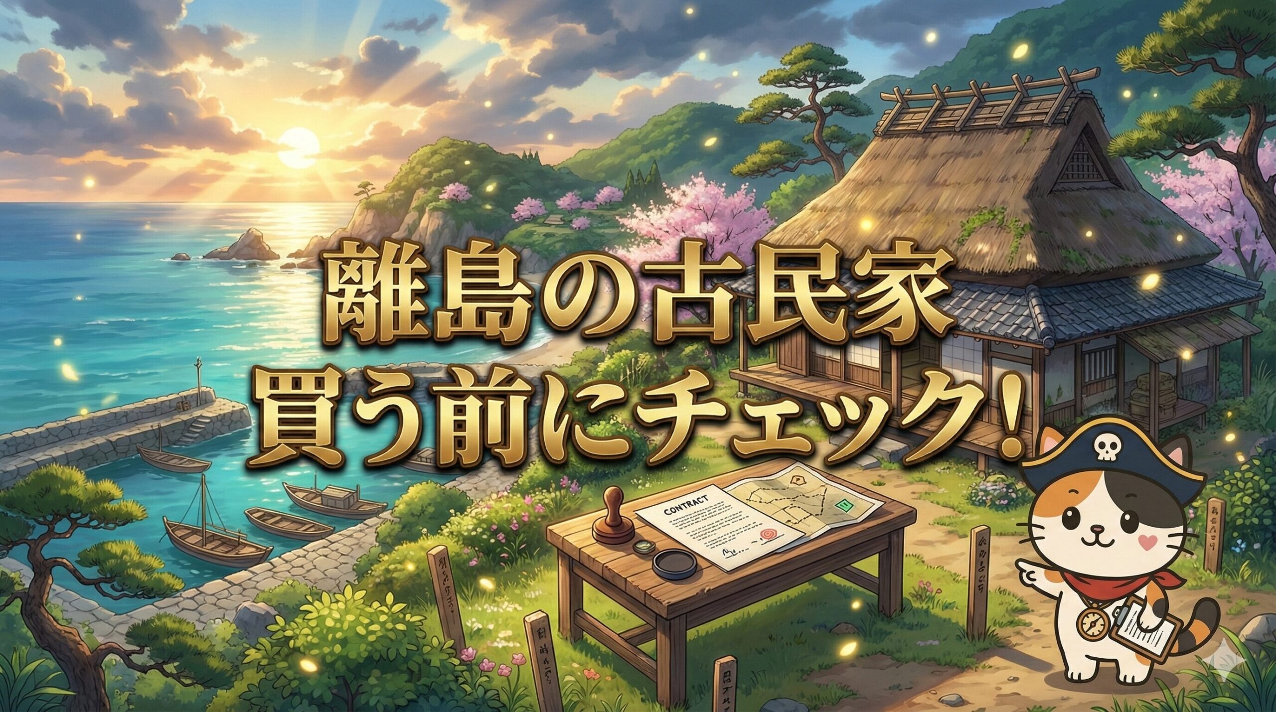 離島の港と古民家を背景に、契約書類と境界の確認をしているココロ船長