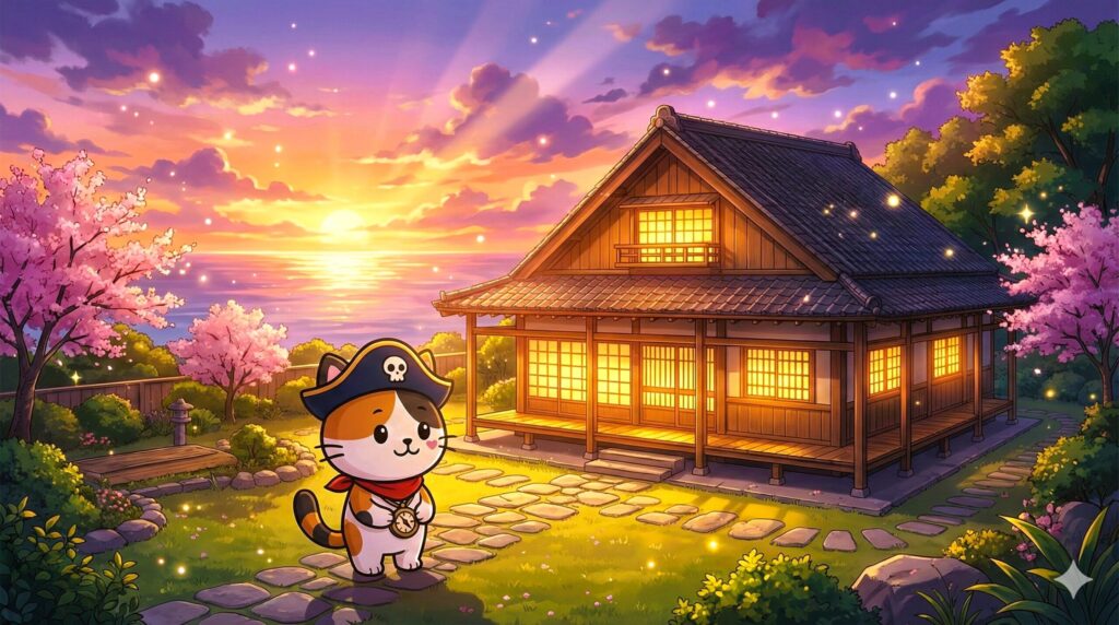 夕焼けの離島で改修後の古民家を見守り、穏やかに佇むココロ船長の見出し画像
