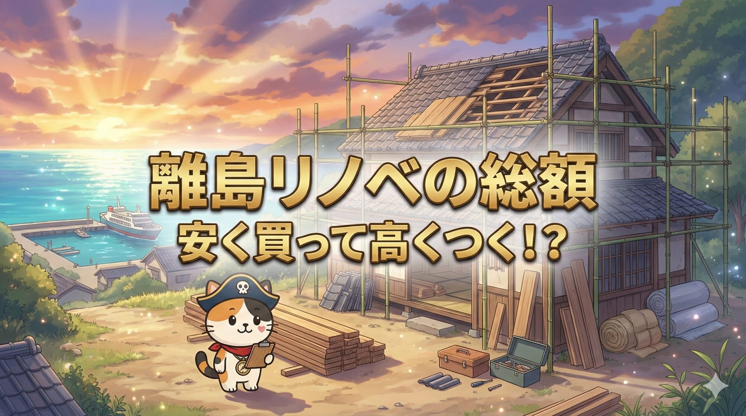 離島の古民家リノベ現場を背景に、見積もりを確認しているココロ船長と、中央に「離島リノベの総額／安く買って高くつく！？」のタイトル文字が入ったサムネイル画像