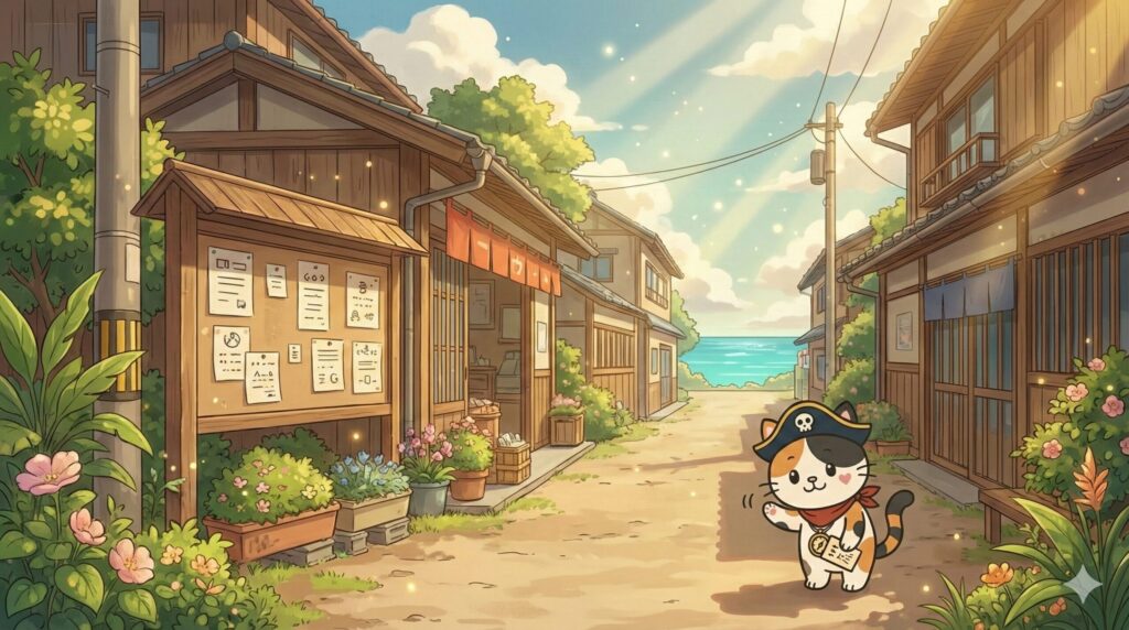 島の通りで住民に挨拶しながら情報を集めるココロ船長
