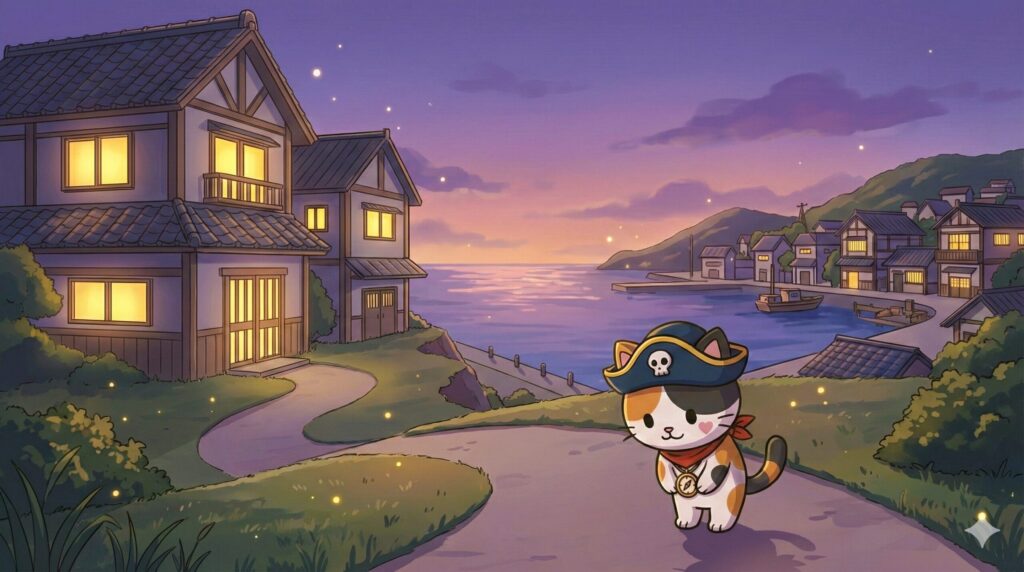 静かな集落の道で、地域に配慮する気持ちを示して挨拶しているココロ船長
