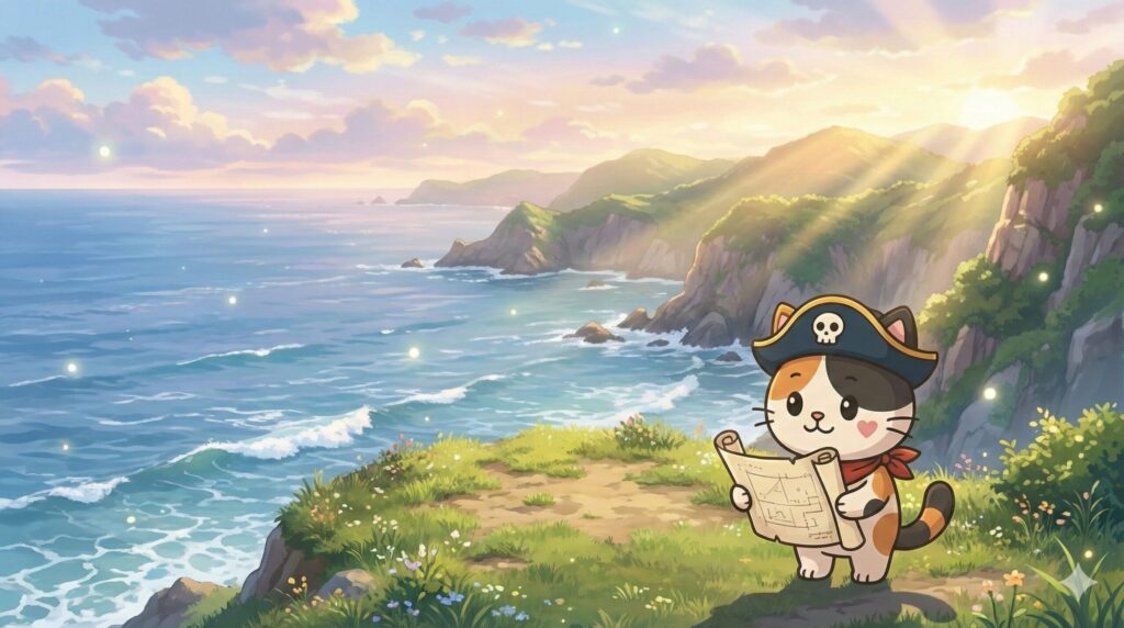 朝焼けの離島の海を背景に、青写真を手に海の見える土地を見つめるココロ船長
