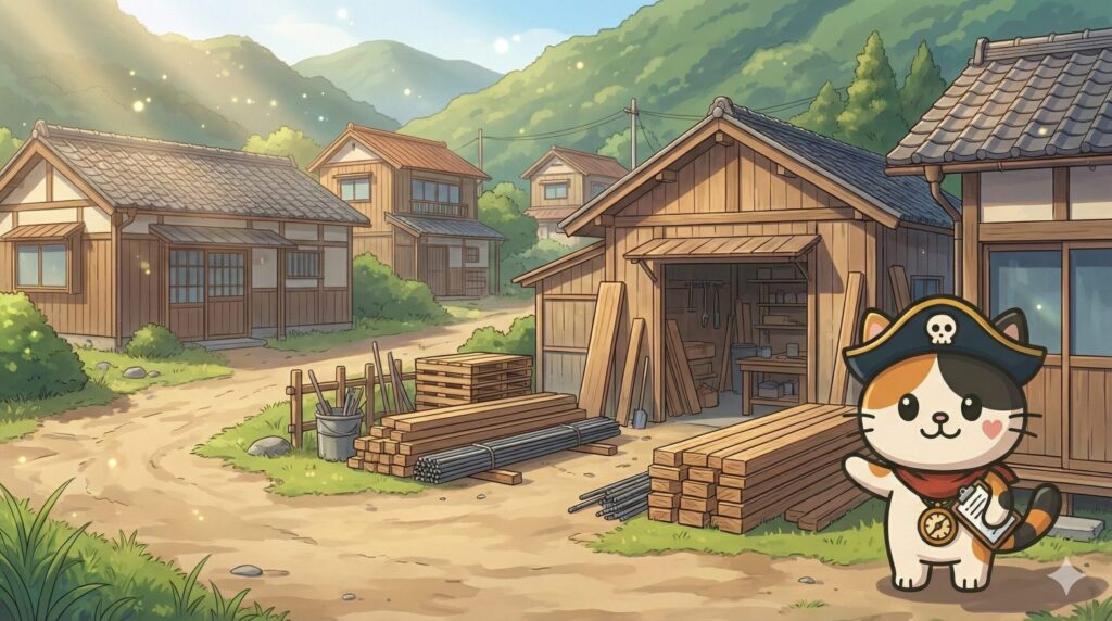 離島の小さな工房と建築ヤードを背景に、チェックボードで供給体制を確認しているココロ船長
