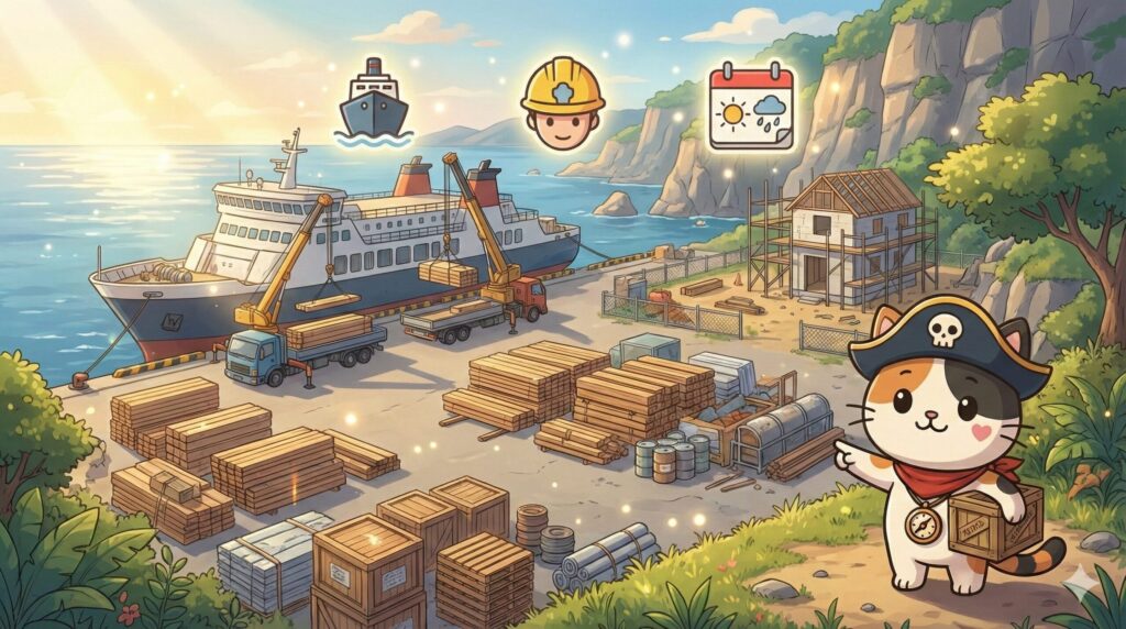 離島の港と資材搬入の様子を背景に、輸送コストの要因を示すココロ船長
