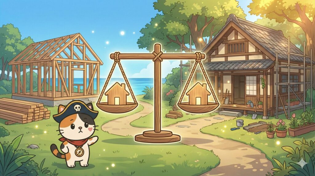 新築現場と古民家を見比べながら、天秤で選択肢を示すココロ船長
