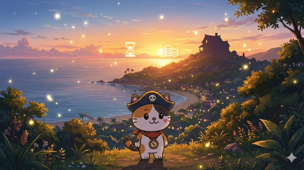 夕暮れの離島の海と家を眺めながら、落ち着いた表情で締めくくるココロ船長
