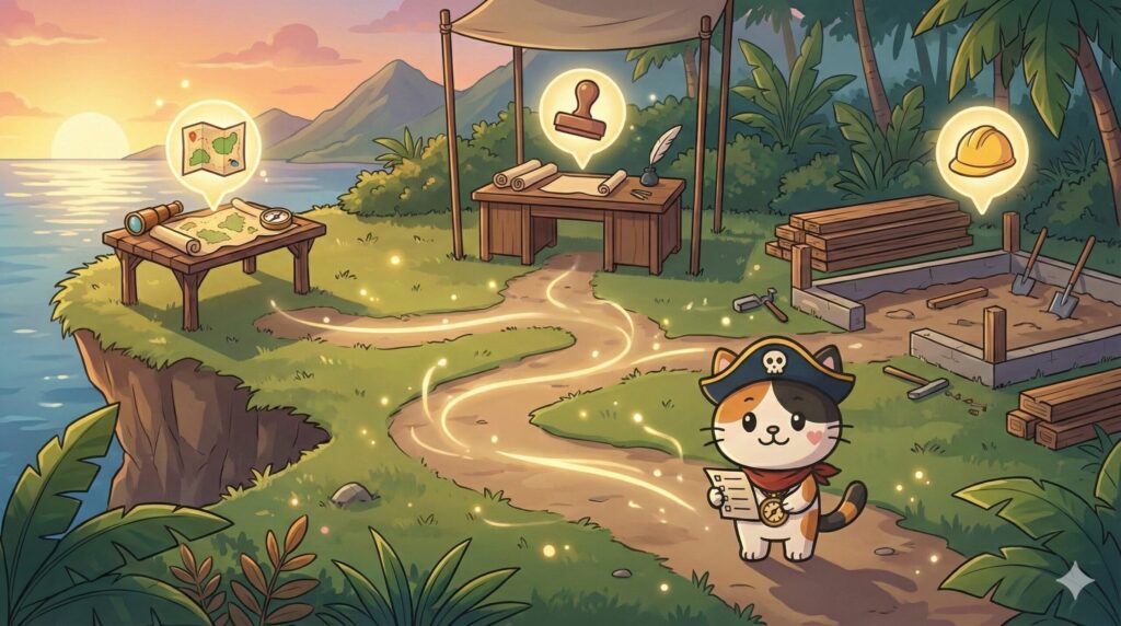 島の風景の中で手順を示す光の道をたどり、チェックリストを持って進むココロ船長
