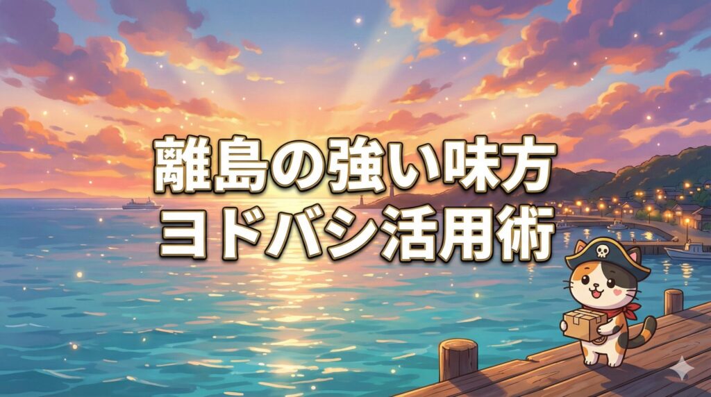 夕焼けの離島の港を背景に、小さな荷物を抱えて案内しているココロ船長