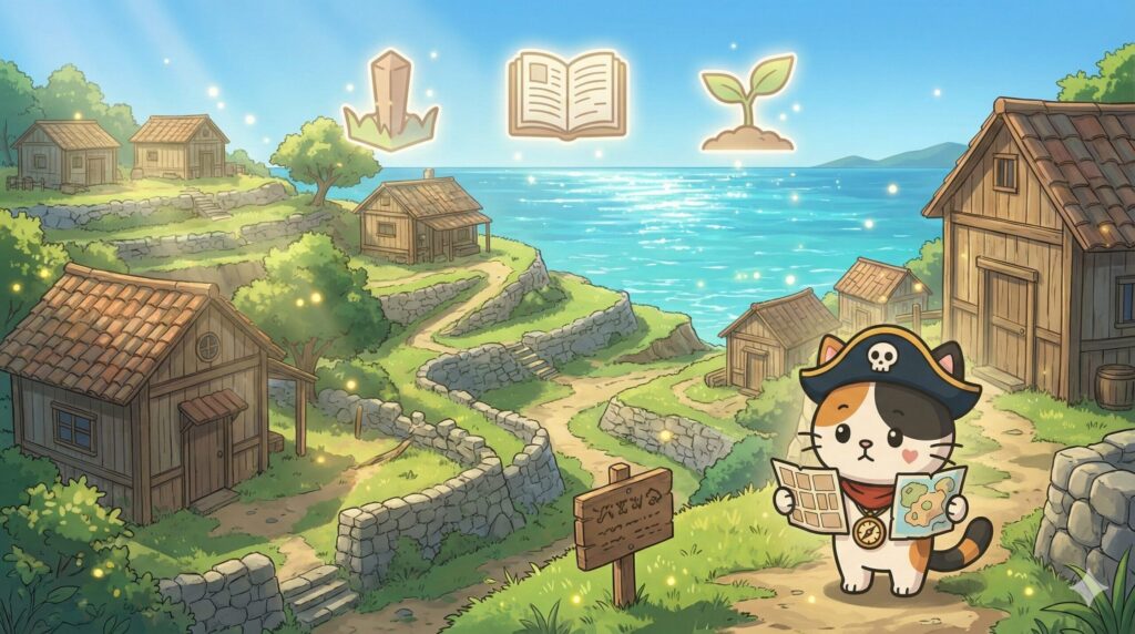 離島の集落を背景に、都会と違う土地の常識を地図で見比べるココロ船長
