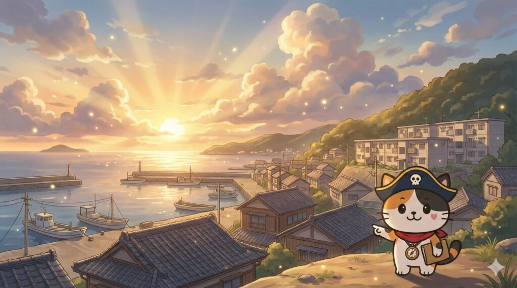朝焼けの島の町を背景に最初の拠点を示しているココロ船長
