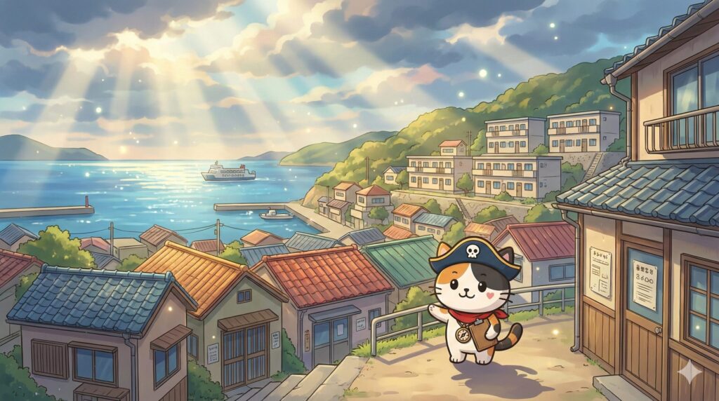 港と島の町並みを背景に公営住宅の方角を案内しているココロ船長
