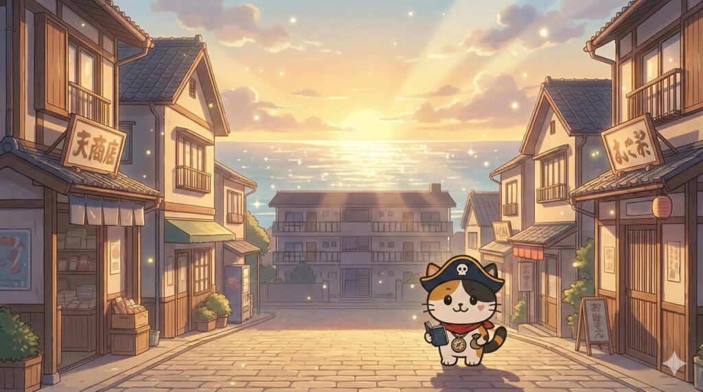 夕暮れの島の町で家計メモを確認しているココロ船長
