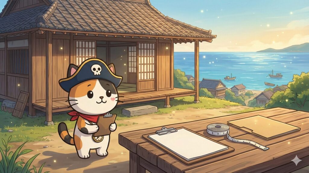 離島の古民家を前に、チェックリストで手順確認をしているココロ船長の見出し画像
