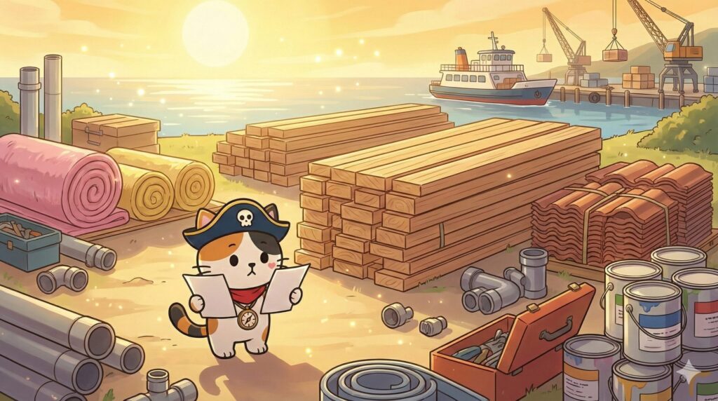 離島のリノベ現場と港の風景を背景に、見積もりを見比べて総額を考えているココロ船長の見出し画像
