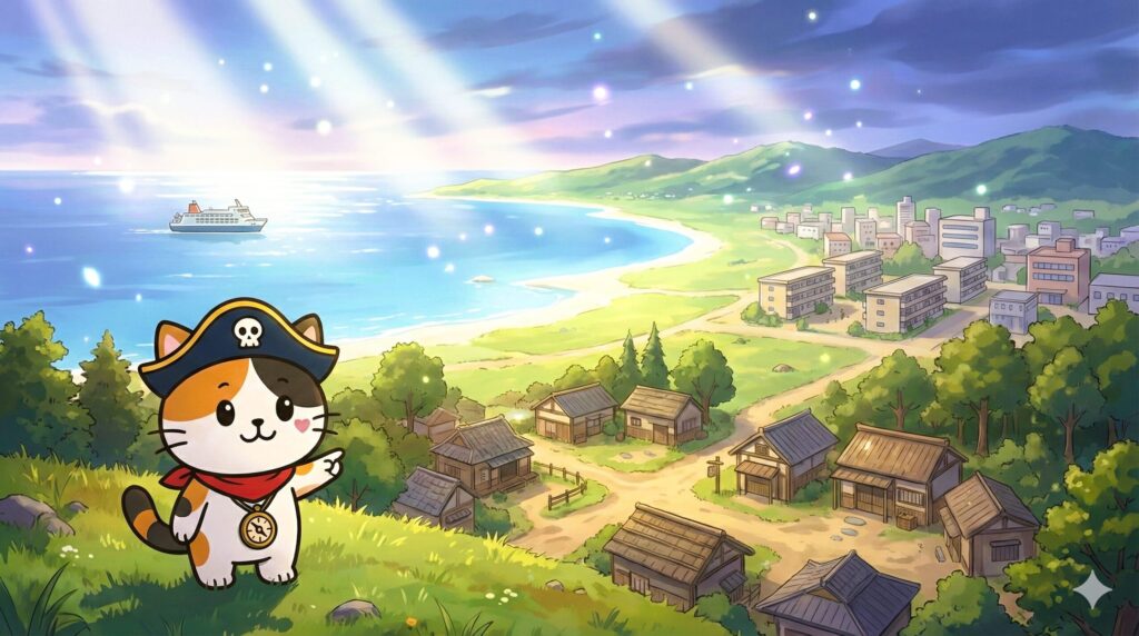 島の集落と遠景の街並みを見比べながら説明しているココロ船長の見出し画像。
