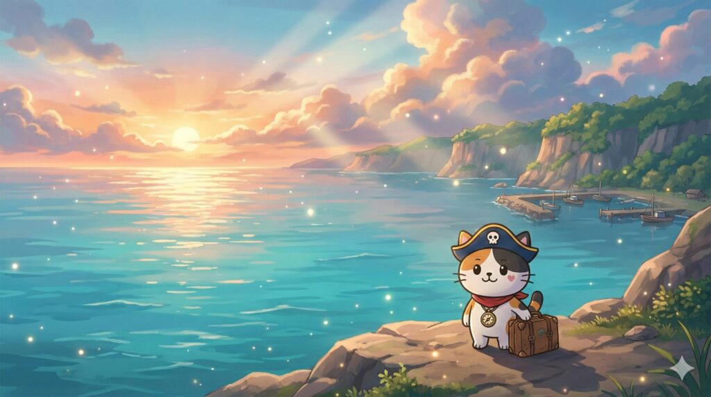 朝焼けの離島の海を見下ろす崖の上に佇むココロ船長が小さく描かれた、壮大な風景の見出し画像
