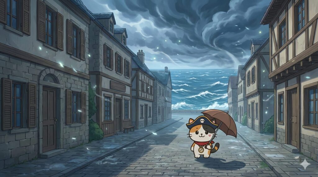 風の強い離島の通りで小さな傘を持って踏ん張るココロ船長が描かれた、あるある紹介の見出し画像
